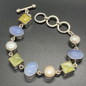 Signed Starborn 925 Sterling Silver Pearl Purple Green Gemstone Toggle Bracelet